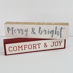 2 Christmas Wood Blocks Rustic Table Decor Farmhouse Comfort & Joy Merry &Bright